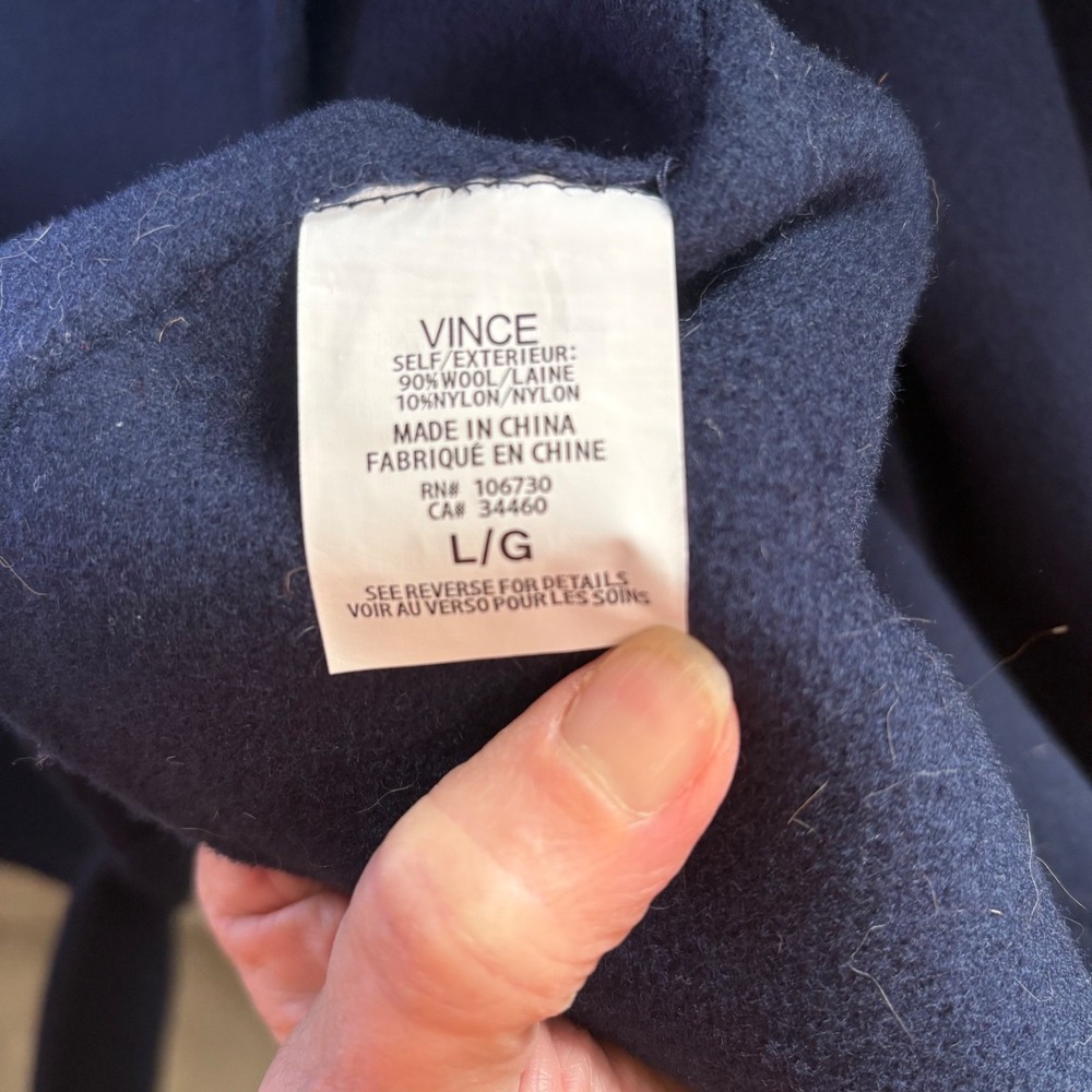 Vince Women's Navy Double-Breasted Wool Coat Size Large Long Overcoat Luxury - Picture 9 of 9